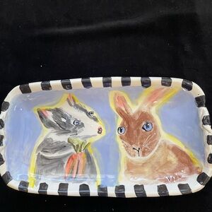 Handmade Ceramic Serving Tray Oval “ Badger & Bunny  Design 13”x7” Blue original